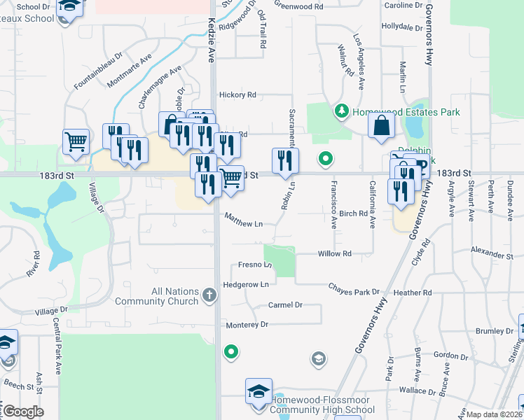 map of restaurants, bars, coffee shops, grocery stores, and more near 3043 183rd Street in Homewood
