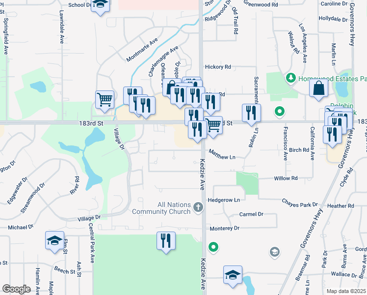 map of restaurants, bars, coffee shops, grocery stores, and more near 3212 West 184th Street in Homewood