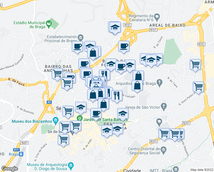 map of restaurants, bars, coffee shops, grocery stores, and more near 161 Rua Doutor Domingos Soares in Braga