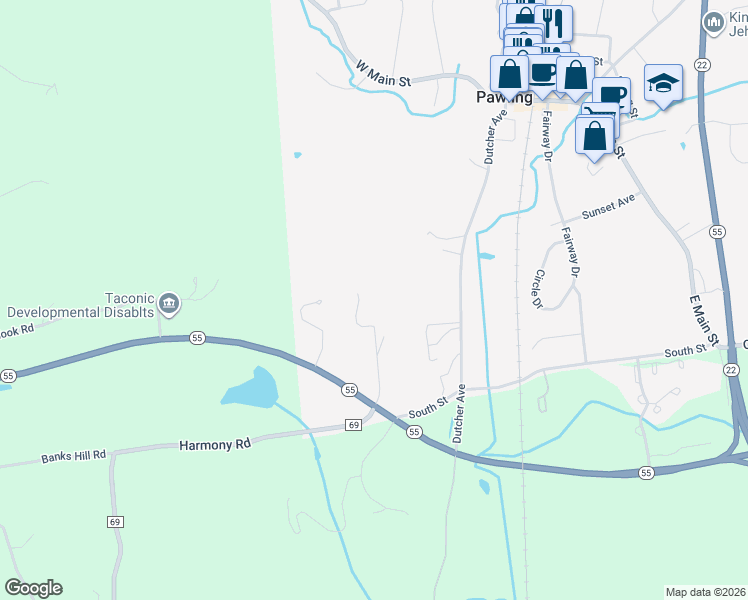 map of restaurants, bars, coffee shops, grocery stores, and more near 36 Valley View Lane in Pawling