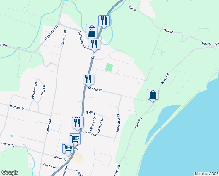 map of restaurants, bars, coffee shops, grocery stores, and more near 25 McCall Place in Newburgh