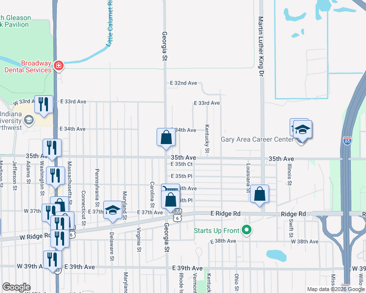 map of restaurants, bars, coffee shops, grocery stores, and more near 3431 Rhode Island Street in Gary