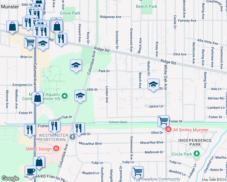 map of restaurants, bars, coffee shops, grocery stores, and more near in Munster