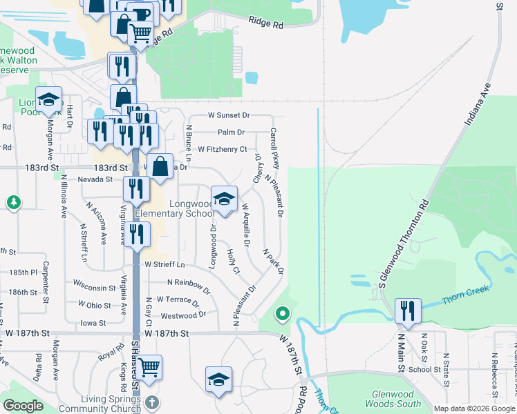 map of restaurants, bars, coffee shops, grocery stores, and more near 520 North Park Drive in Glenwood