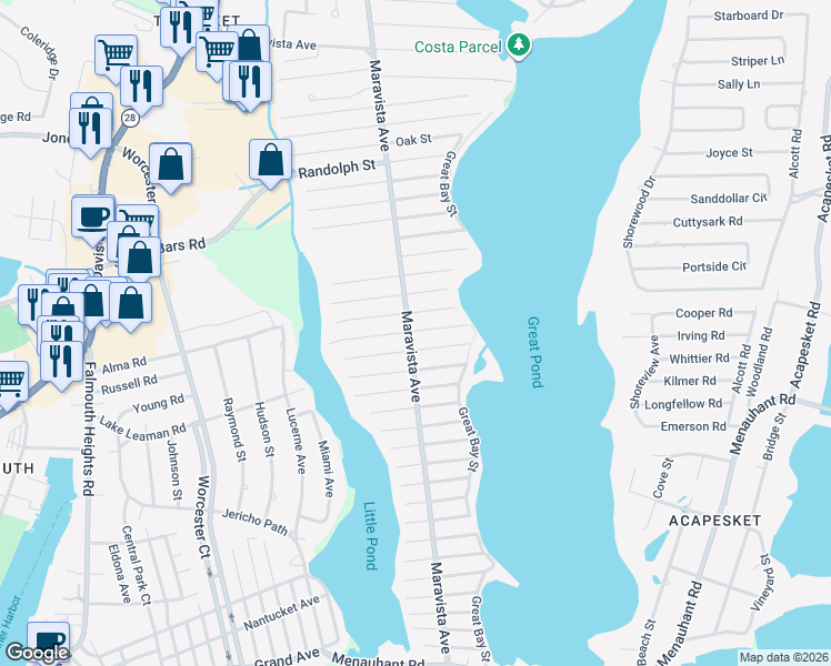 map of restaurants, bars, coffee shops, grocery stores, and more near 248 Maravista Avenue in Falmouth