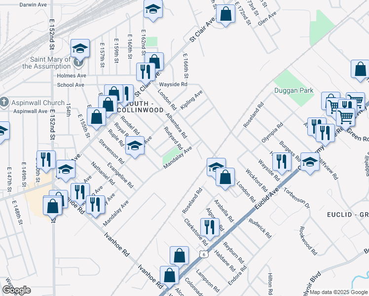 map of restaurants, bars, coffee shops, grocery stores, and more near 949 Rudyard Road in Cleveland