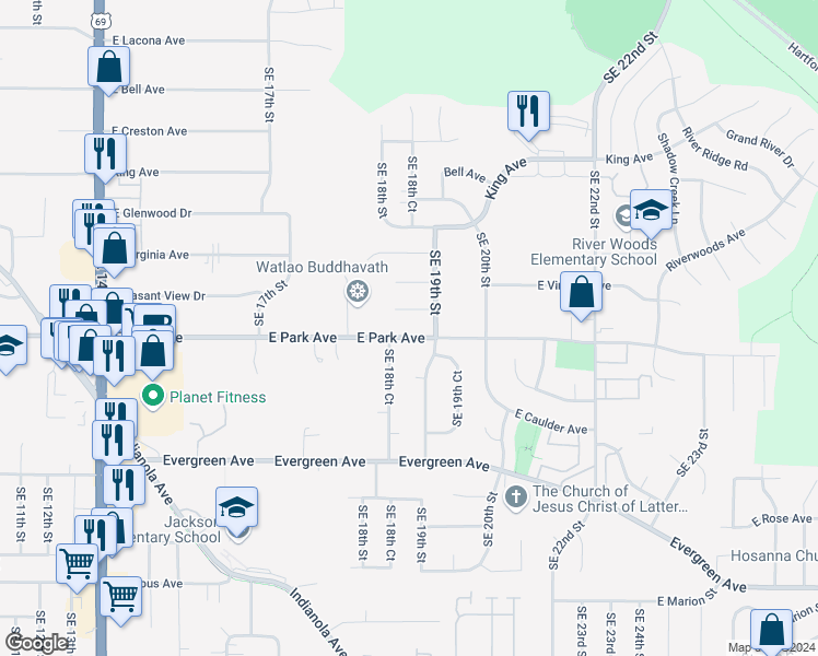 map of restaurants, bars, coffee shops, grocery stores, and more near 1858 East Park Avenue in Des Moines
