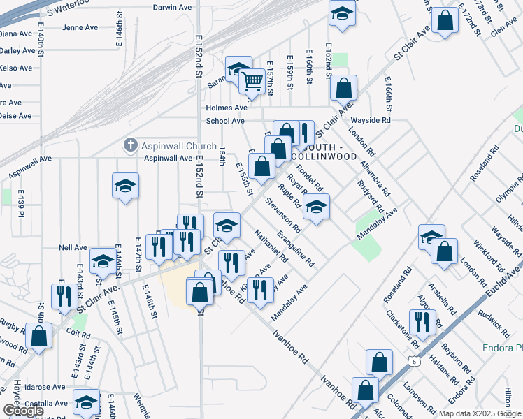 map of restaurants, bars, coffee shops, grocery stores, and more near 885 Evangeline Road in Cleveland