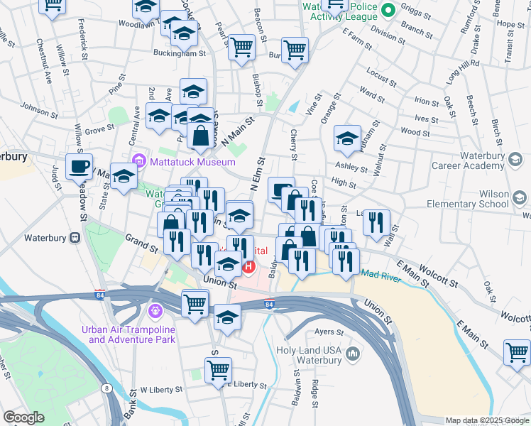 map of restaurants, bars, coffee shops, grocery stores, and more near 18 Maple Avenue in Waterbury
