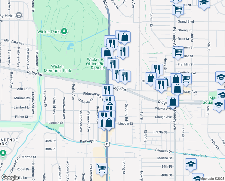 map of restaurants, bars, coffee shops, grocery stores, and more near 2418 Ridge Road in Highland