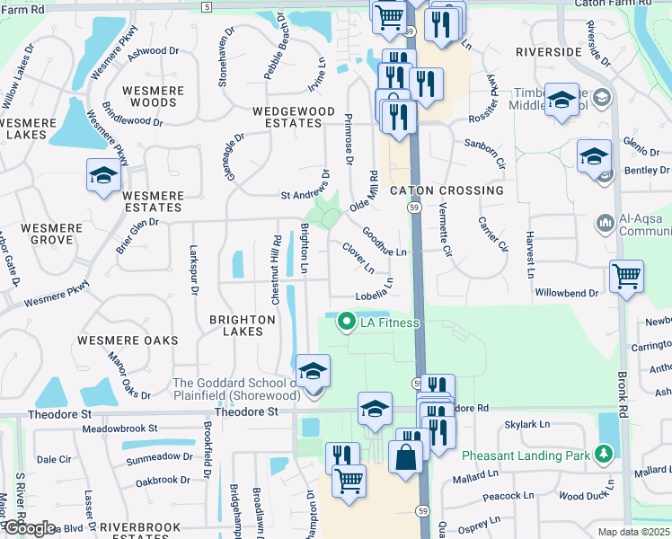 map of restaurants, bars, coffee shops, grocery stores, and more near 1816 Olde Mill Road in Plainfield