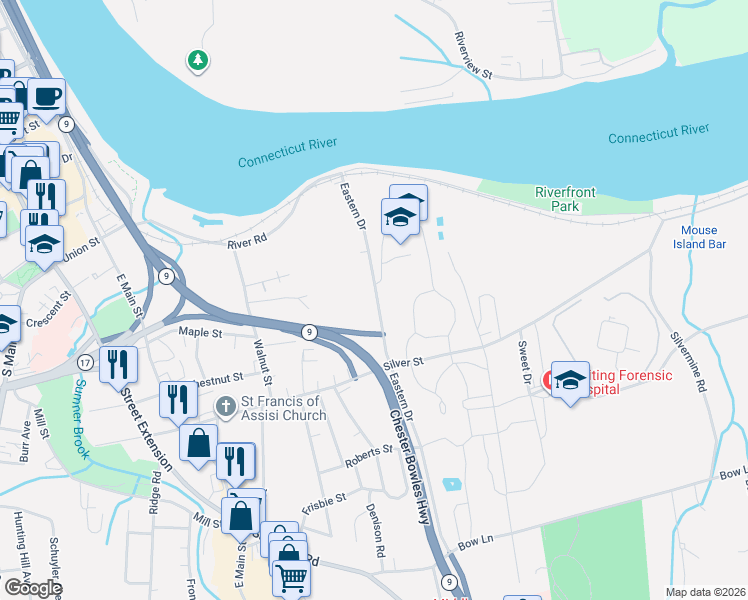 map of restaurants, bars, coffee shops, grocery stores, and more near 131 Eastern Drive in Middletown