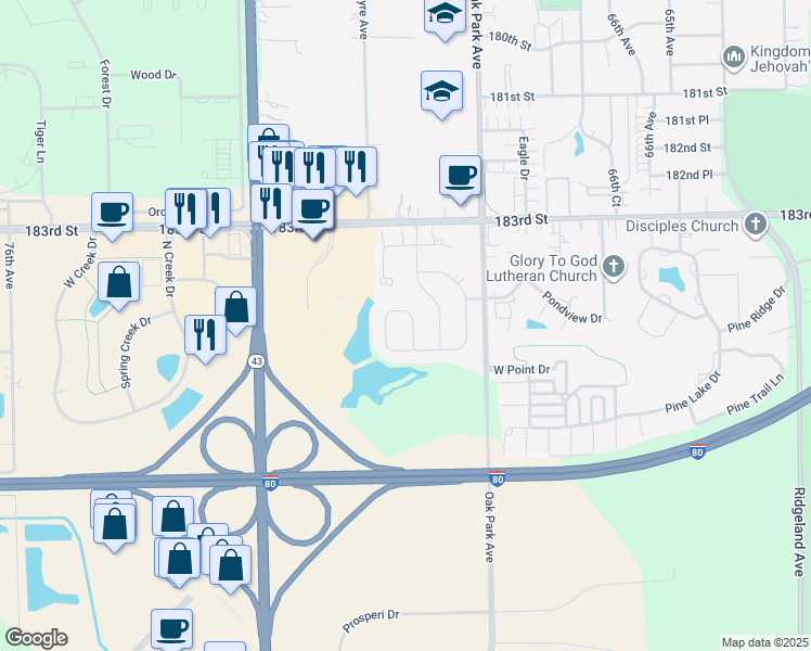 map of restaurants, bars, coffee shops, grocery stores, and more near 18476 Bellagio Circle in Tinley Park