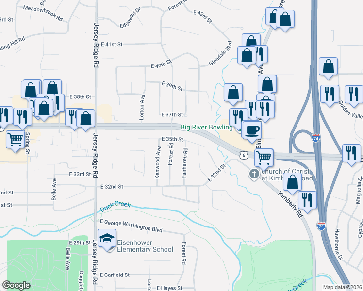 map of restaurants, bars, coffee shops, grocery stores, and more near 2828-2834 East 35th Street in Davenport