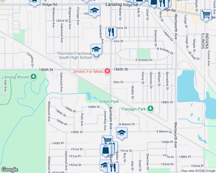 map of restaurants, bars, coffee shops, grocery stores, and more near 18708 Burnham Avenue in Lansing