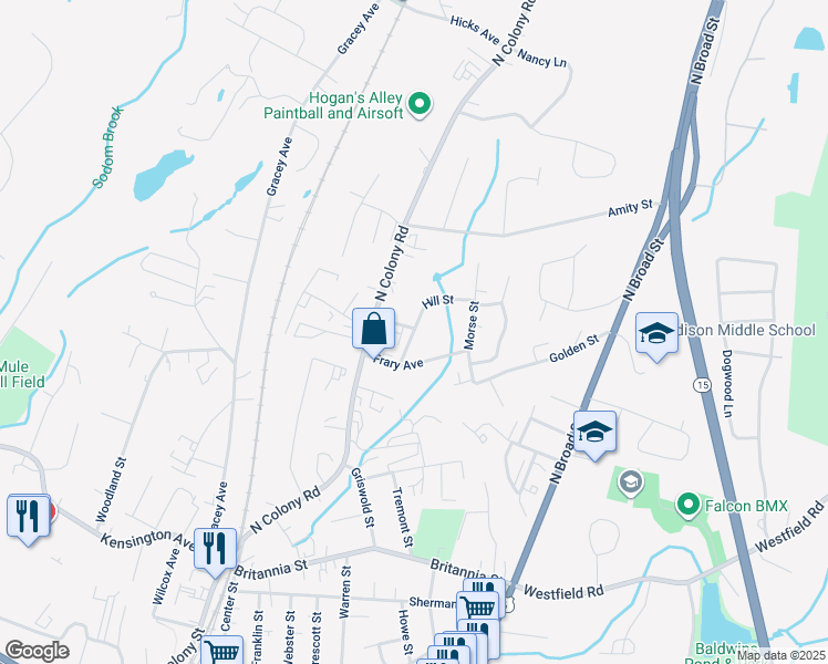 map of restaurants, bars, coffee shops, grocery stores, and more near 52 Hill Street in Meriden