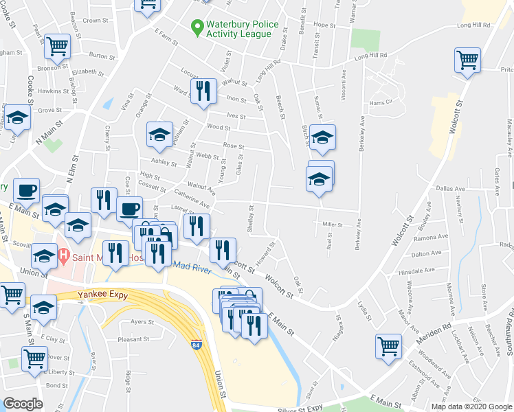 map of restaurants, bars, coffee shops, grocery stores, and more near 151 Wall Street in Waterbury