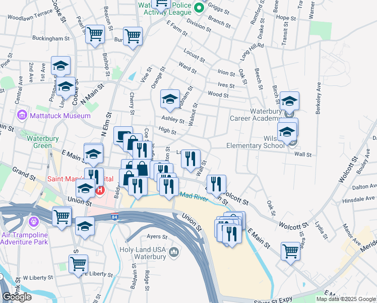 map of restaurants, bars, coffee shops, grocery stores, and more near 26 Catherine Avenue in Waterbury