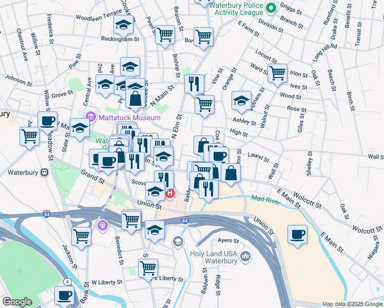 map of restaurants, bars, coffee shops, grocery stores, and more near 17 Maple Avenue in Waterbury