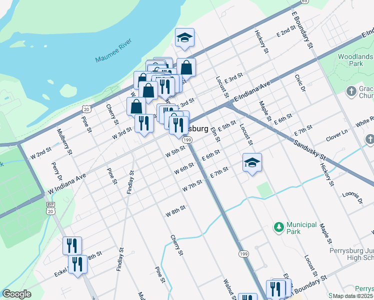map of restaurants, bars, coffee shops, grocery stores, and more near 109 West 5th Street in Perrysburg