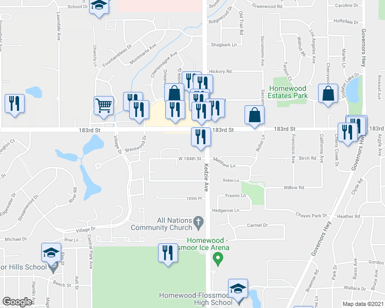 map of restaurants, bars, coffee shops, grocery stores, and more near 3212 West 184th Street in Homewood
