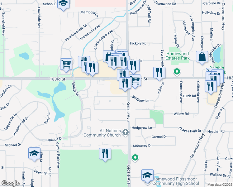 map of restaurants, bars, coffee shops, grocery stores, and more near 3212 West 184th Street in Homewood