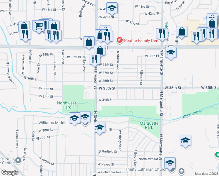 map of restaurants, bars, coffee shops, grocery stores, and more near 1625 West 36th Street in Davenport