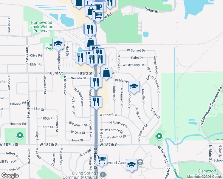 map of restaurants, bars, coffee shops, grocery stores, and more near 18325 South Halsted Street in Glenwood