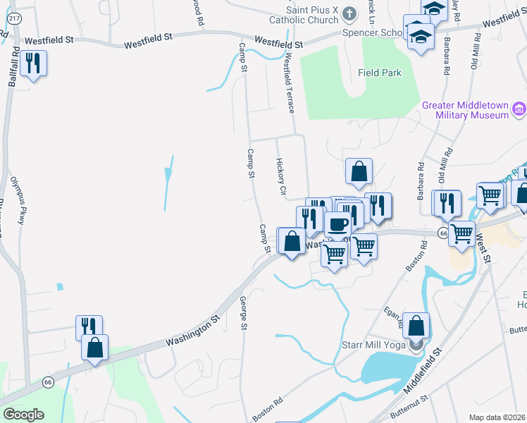 map of restaurants, bars, coffee shops, grocery stores, and more near 66 Camp Street in Middletown