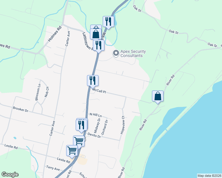 map of restaurants, bars, coffee shops, grocery stores, and more near 25 McCall Place in Newburgh