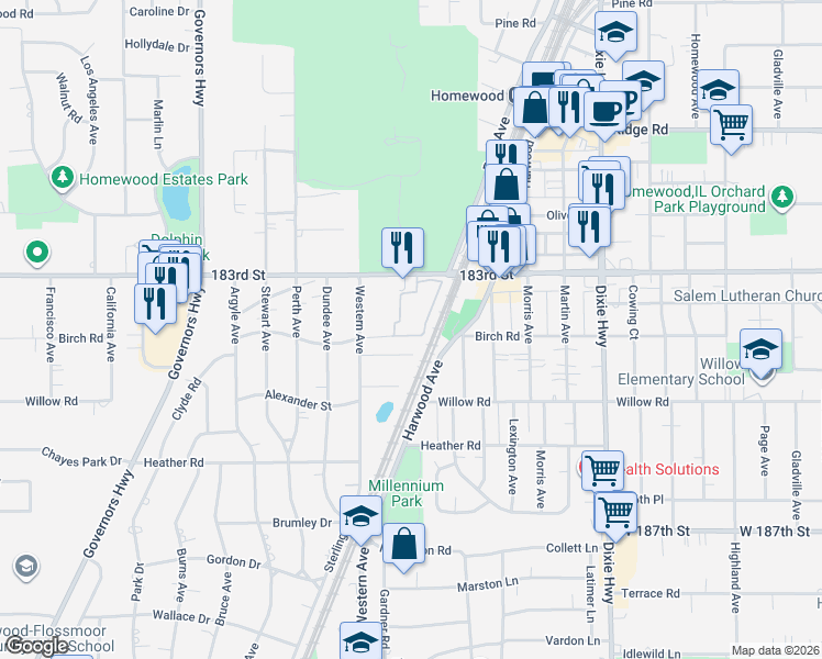 map of restaurants, bars, coffee shops, grocery stores, and more near 2345 183rd Street in Homewood