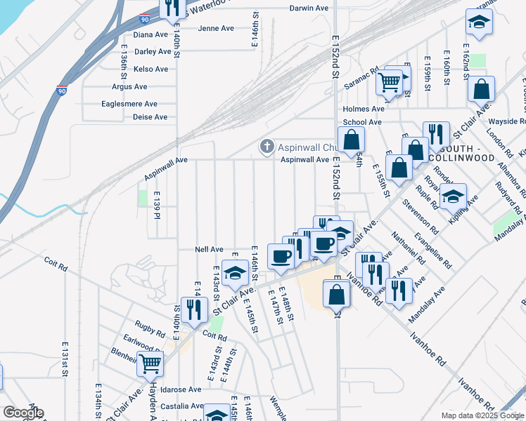 map of restaurants, bars, coffee shops, grocery stores, and more near 885 East 146th Street in Cleveland