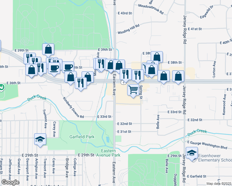 map of restaurants, bars, coffee shops, grocery stores, and more near 3415 Eastern Avenue in Davenport