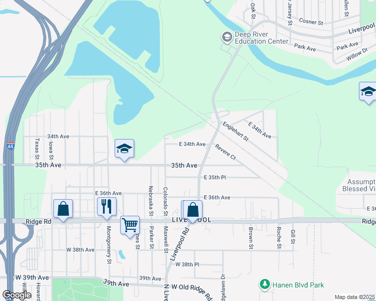 map of restaurants, bars, coffee shops, grocery stores, and more near 3319 East 34th Avenue in Gary