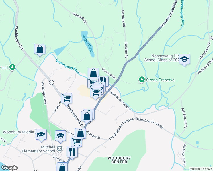 map of restaurants, bars, coffee shops, grocery stores, and more near 155 Main Street North in Woodbury