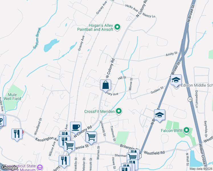 map of restaurants, bars, coffee shops, grocery stores, and more near 787 North Colony Road in Meriden