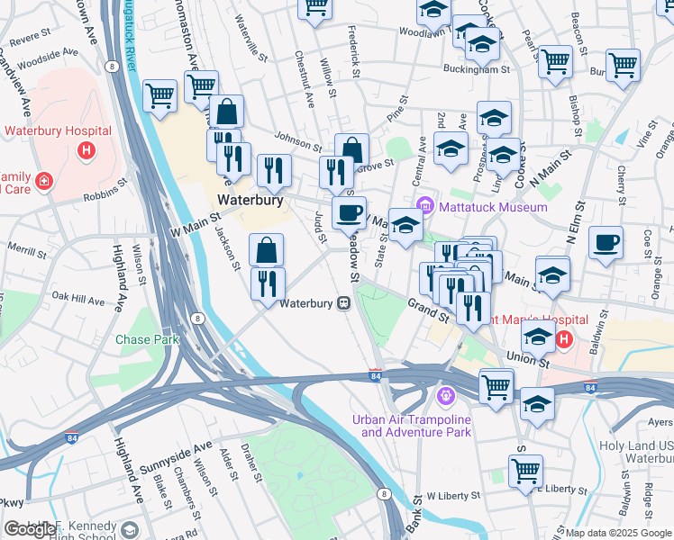 map of restaurants, bars, coffee shops, grocery stores, and more near in Waterbury