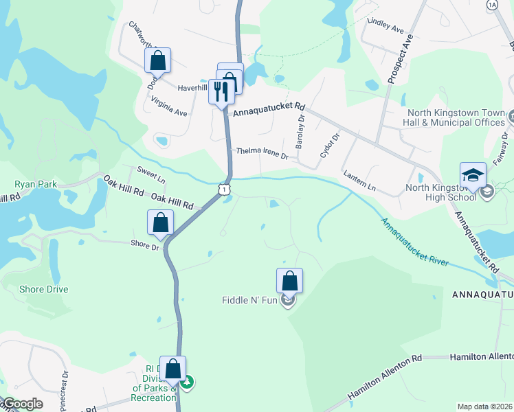 map of restaurants, bars, coffee shops, grocery stores, and more near 53 Daniel Drive in North Kingstown
