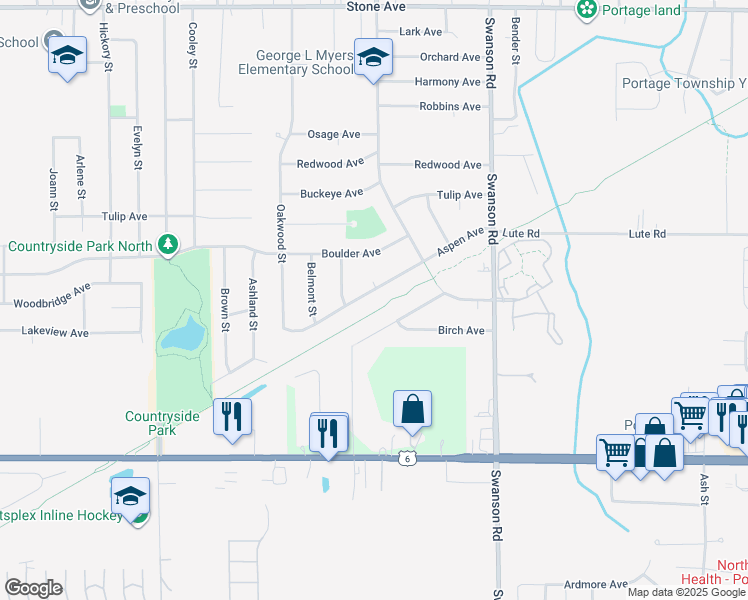 map of restaurants, bars, coffee shops, grocery stores, and more near 5466 Aspen Avenue in Portage