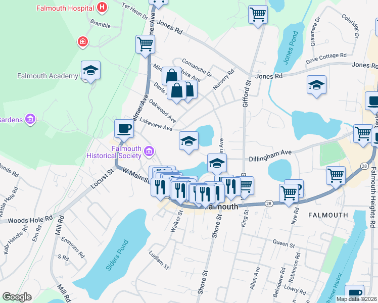 map of restaurants, bars, coffee shops, grocery stores, and more near 113 Lakeview Avenue in Falmouth