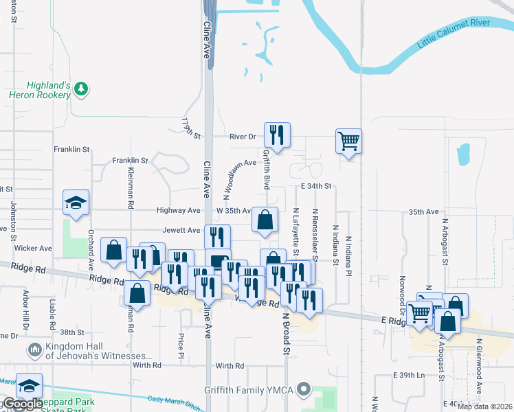 map of restaurants, bars, coffee shops, grocery stores, and more near 210 West 35th Avenue in Griffith
