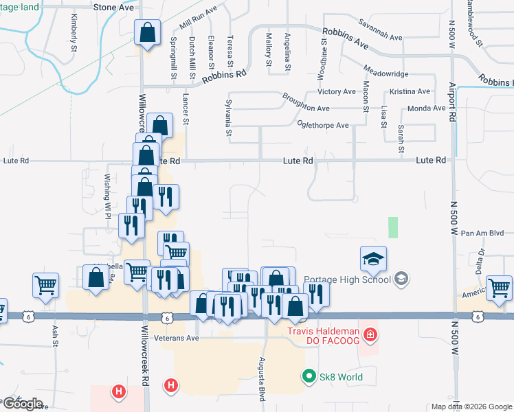 map of restaurants, bars, coffee shops, grocery stores, and more near 6175 Lute Road in Portage