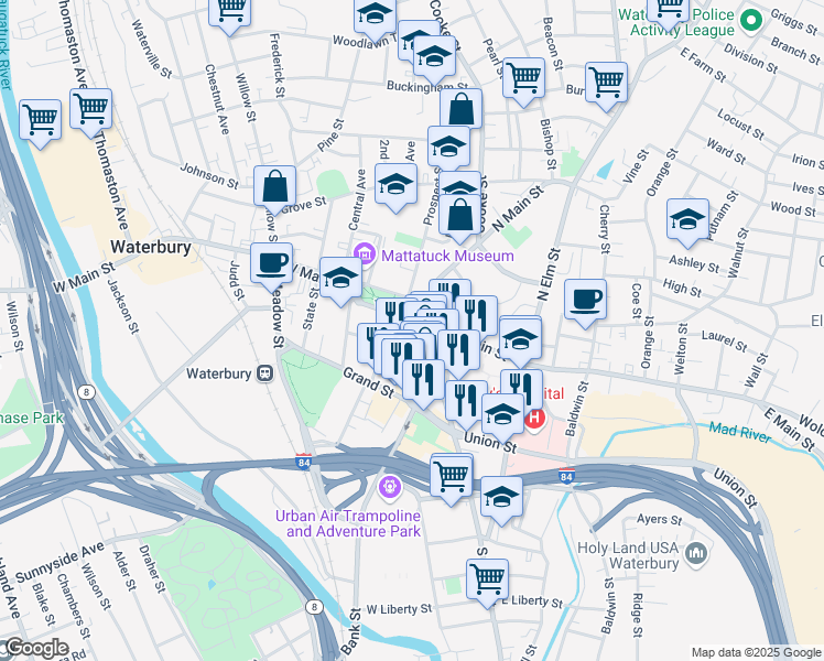 map of restaurants, bars, coffee shops, grocery stores, and more near 21 West Main Street in Waterbury