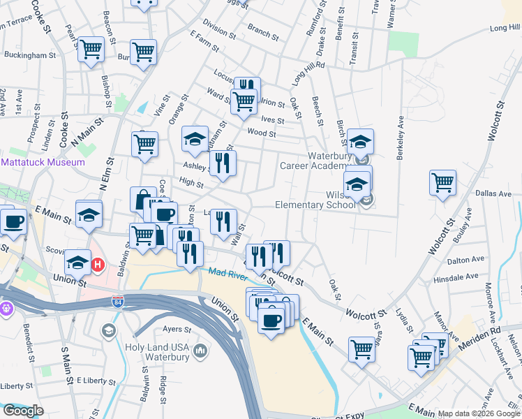 map of restaurants, bars, coffee shops, grocery stores, and more near 94 Wall Street in Waterbury