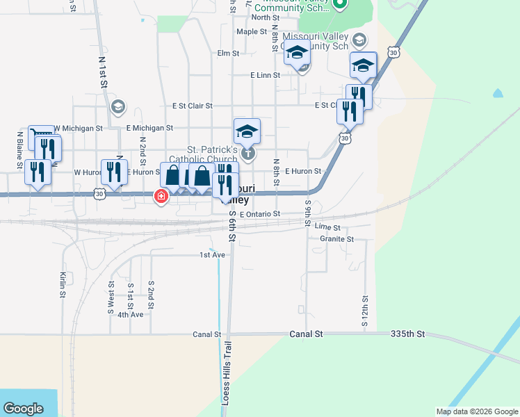 map of restaurants, bars, coffee shops, grocery stores, and more near 108 South 7th Street in Missouri Valley