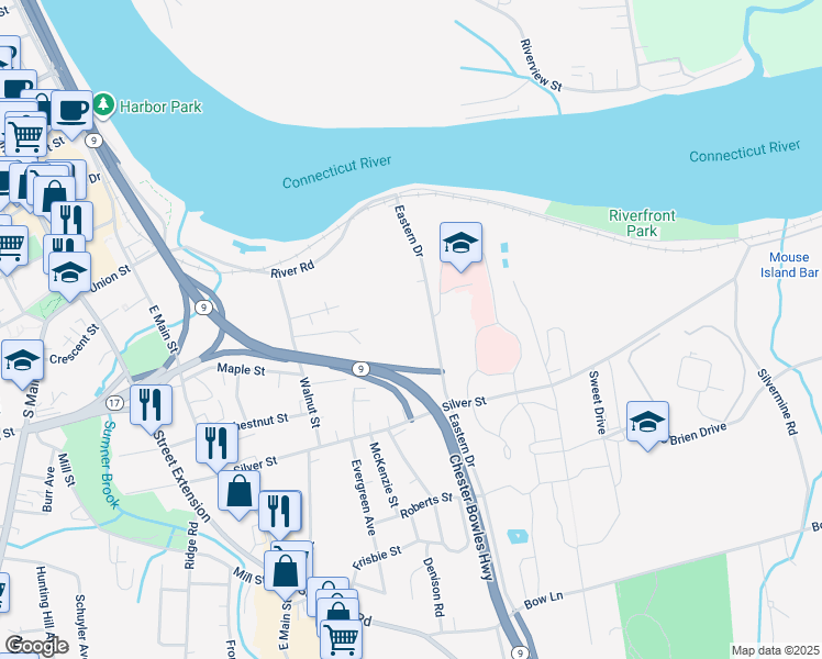 map of restaurants, bars, coffee shops, grocery stores, and more near 131 Eastern Drive in Middletown