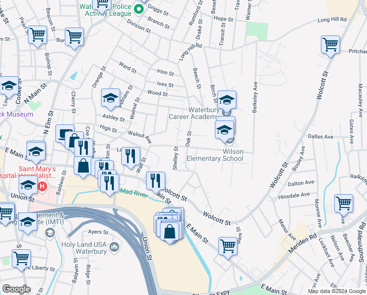 map of restaurants, bars, coffee shops, grocery stores, and more near 151 Wall Street in Waterbury