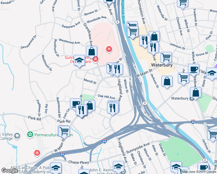 map of restaurants, bars, coffee shops, grocery stores, and more near 32 Starview Avenue in Waterbury