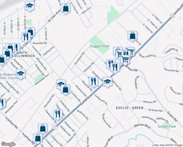 map of restaurants, bars, coffee shops, grocery stores, and more near 17918 Olympia Road in Cleveland