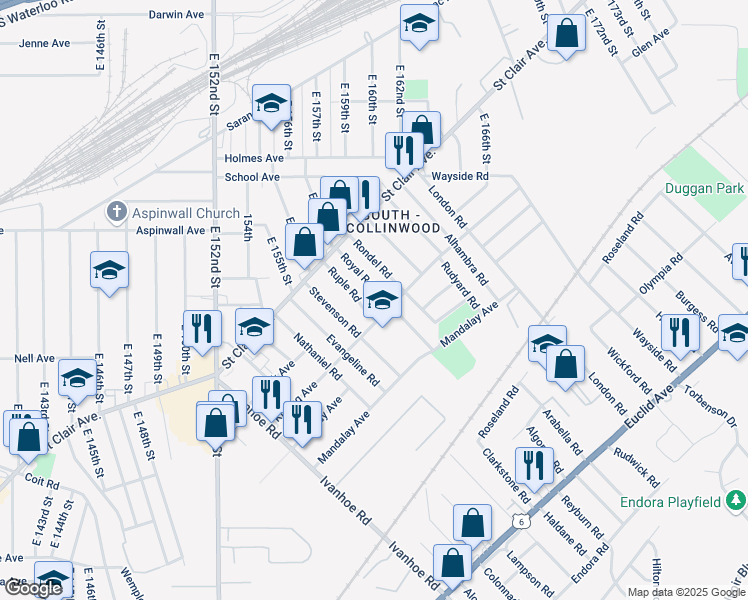map of restaurants, bars, coffee shops, grocery stores, and more near 901 Royal Road in Cleveland